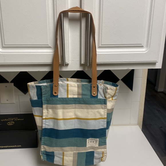 FEED Projects Canvas Market Tote Sea Blue Shopping Leather Straps Bag - Picture 3 of 16